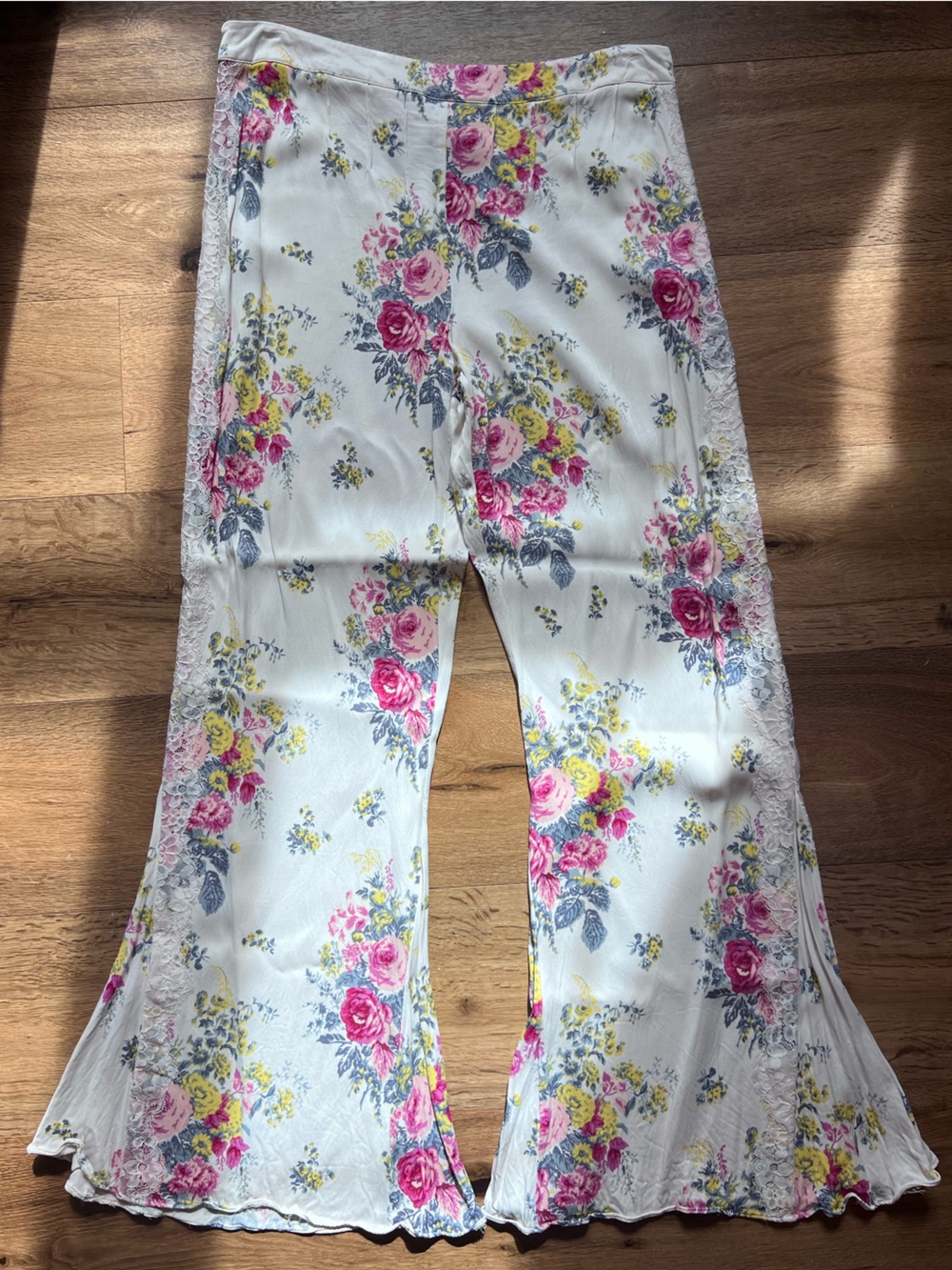Anthropologie Cream Wide-Leg Pants with Pink & Yellow Floral Print